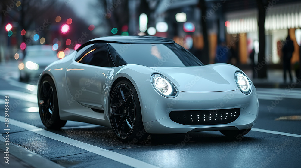 Fototapeta premium A sleek electric car is parked on a city street, illuminated by streetlights and nearby shops. The vehicle showcases modern design, emphasizing sustainability and innovation