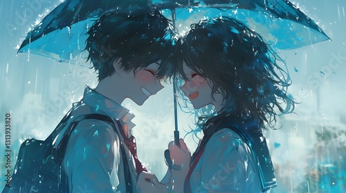 Anime Boy with Umbrella Protecting Girl in Rainy Scene
