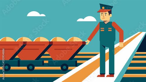 The loading process paused for a moment as a train conductor walks along the line of filled hoppers inspecting each one before giving the signal to. Vector illustration