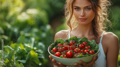 A young woman stands in a lush garden holding a large bowl filled with fresh cherry tomatoes