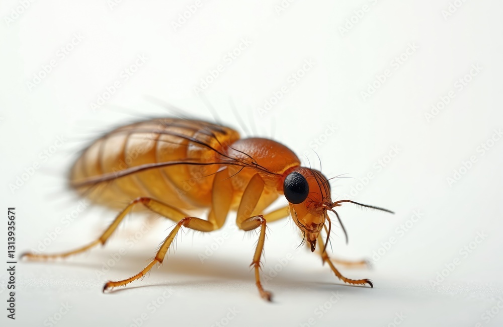 Portrait of flea close-up isolated on white background. Small brown insect with long antennas and legs, parasite living on animals, pets. Photo for veterinary, sanitary, pest control services. Portrait of flea close-up isolated on white background. Small brown insect with long antennas and legs, parasite living on animals, pets. Photo for veterinary, sanitary, pest control services.