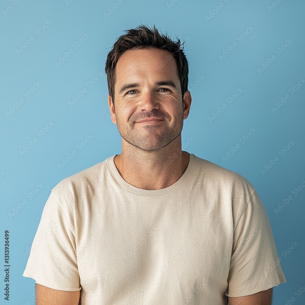 Relaxed man in casual attire against a bright blue background Relaxed man in casual attire against a bright blue background