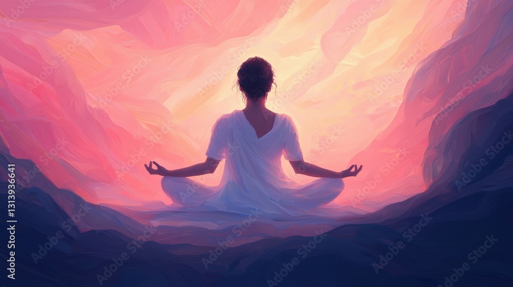 Serene Figure Meditating in Abstract Dreamy Landscape Background Serene Figure Meditating in Abstract Dreamy Landscape Background