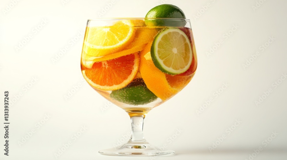 Refreshing fruit cocktail with vibrant citrus and colorful garnishes in a clear glass bowl Refreshing fruit cocktail with vibrant citrus and colorful garnishes in a clear glass bowl