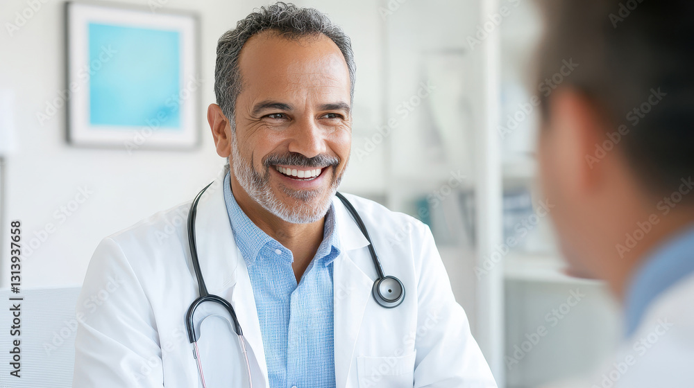 Smiling Hispanic doctor discussing health with a patient during a consultation Smiling Hispanic doctor discussing health with a patient during a consultation