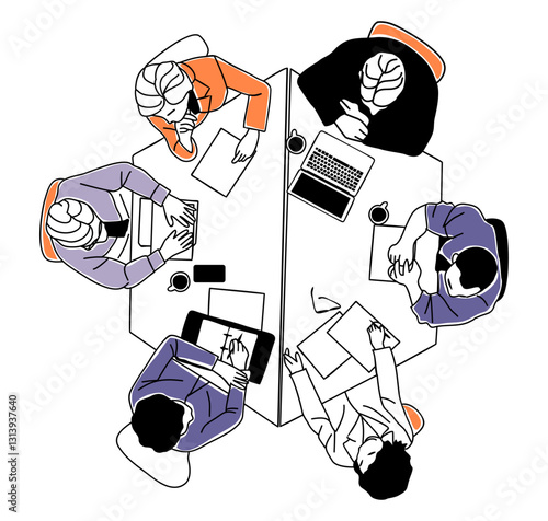 Business team members working together top view. Set of businessmen, businesswomen cartoon characters discussing, brainstorming. Vector simple outline illustration Isolated