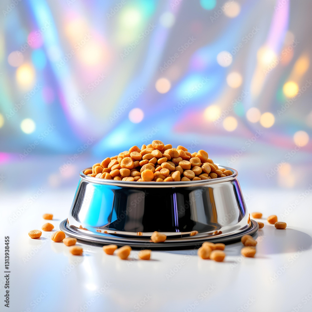 Stainless steel bowl with chicken dry cat food for balanced nutrition on colorful with bokeh background