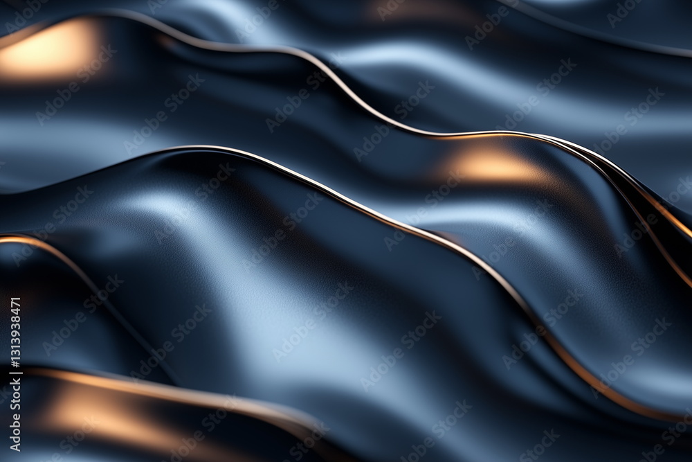 Obraz premium Abstract background with dark blue, Black and orange wavy lines of liquid metal, close-up, 3D rendering, high-resolution photography, luxury, modern style.