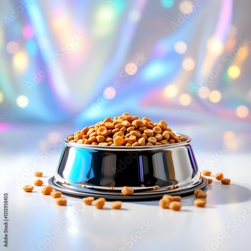 Obraz na płótnie Stainless steel bowl with chicken dry cat food for balanced nutrition on colorful with bokeh background w salonie