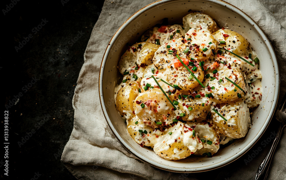 Creamy Potato Salad with Herbs and Spices in a Bowl Creamy Potato Salad with Herbs and Spices in a Bowl