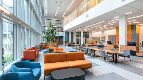 Modern Spacious Atrium Lobby With Orange And Blue Furniture Natural Light And Large Windows In Contemporary Building Interior Design