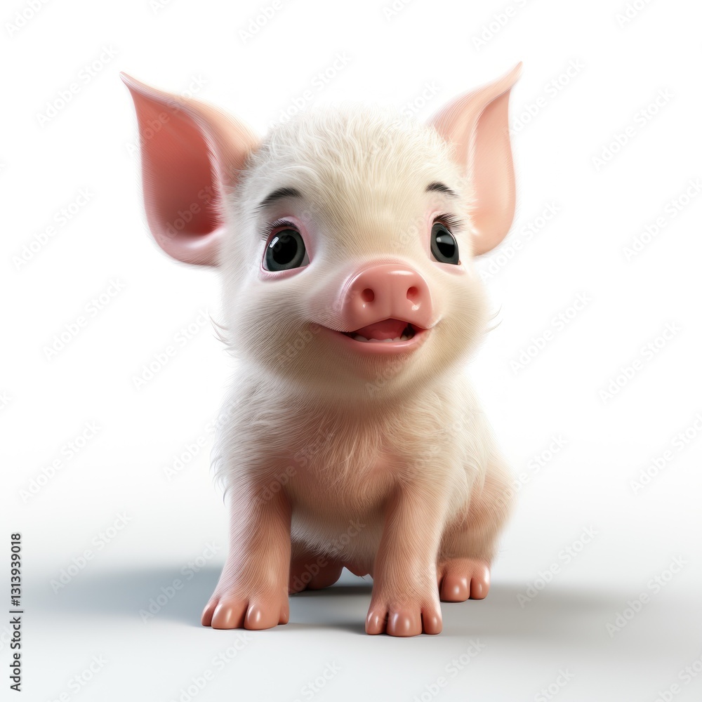 A 3D Render of a Cute Piglet with Large Ears and a Pink Nose