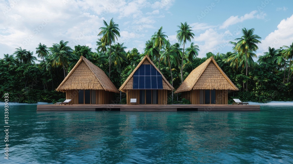 Tropical Overwater Bungalows Surrounded by Lush Green Palm Trees Tropical Overwater Bungalows Surrounded by Lush Green Palm Trees