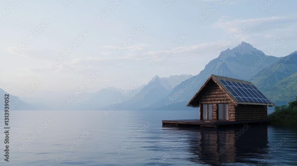 Fototapeta premium Serene Lakeside Cabin with Solar Panels Surrounded by Mountains