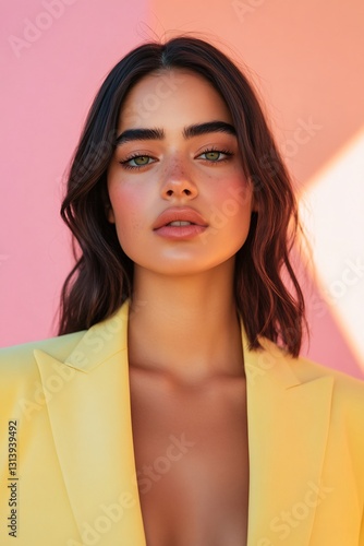 Powerful Middle Eastern woman in pastel yellow blazer with green eyes