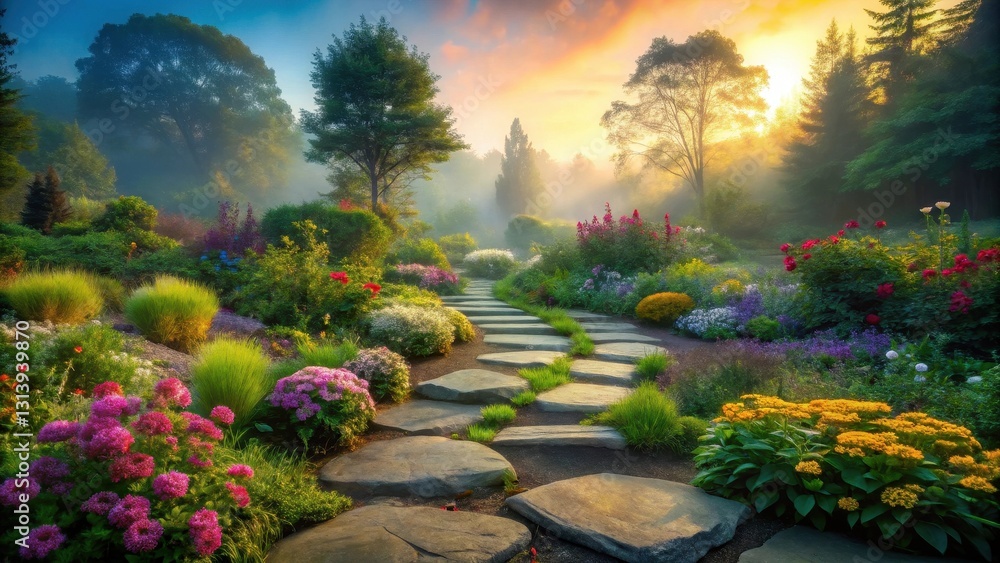 Obraz premium Serene Dawn A Misty Garden Path Unveiled by the Rising Sun's Golden Rays, Leading Through a Vibrant Tapestry of Blossoms and Lush Greenery