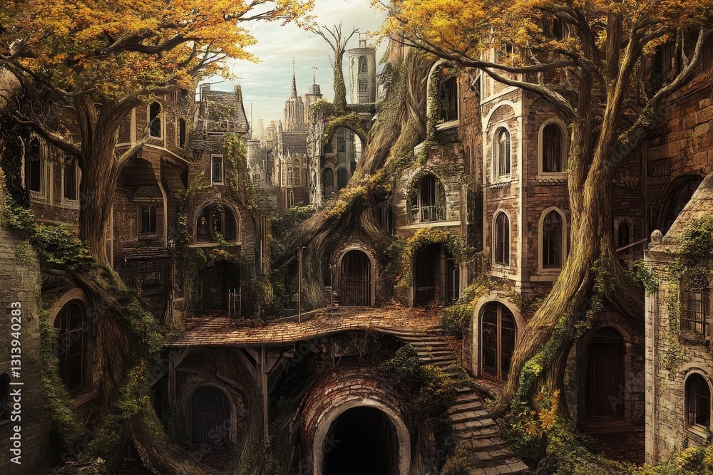 Fototapeta premium Abandoned Urban Landscape Overgrown with Nature and Mystical Trees