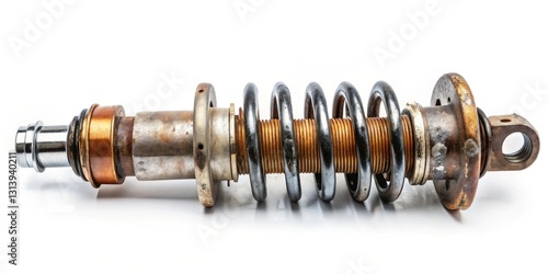 A weathered metallic shock absorber component with a coil spring, exhibiting signs of age and oxidation, isolated on a bright white background