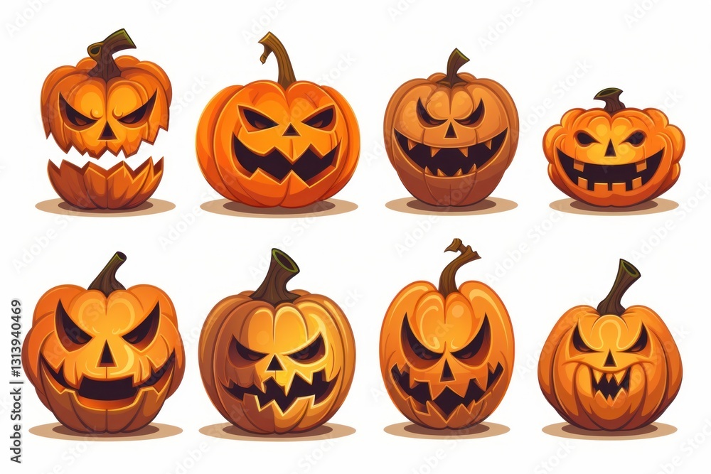 A Collection of Jack-o'-Lanterns in Various Halloween-Themed Designs A Collection of Jack-o'-Lanterns in Various Halloween-Themed Designs
