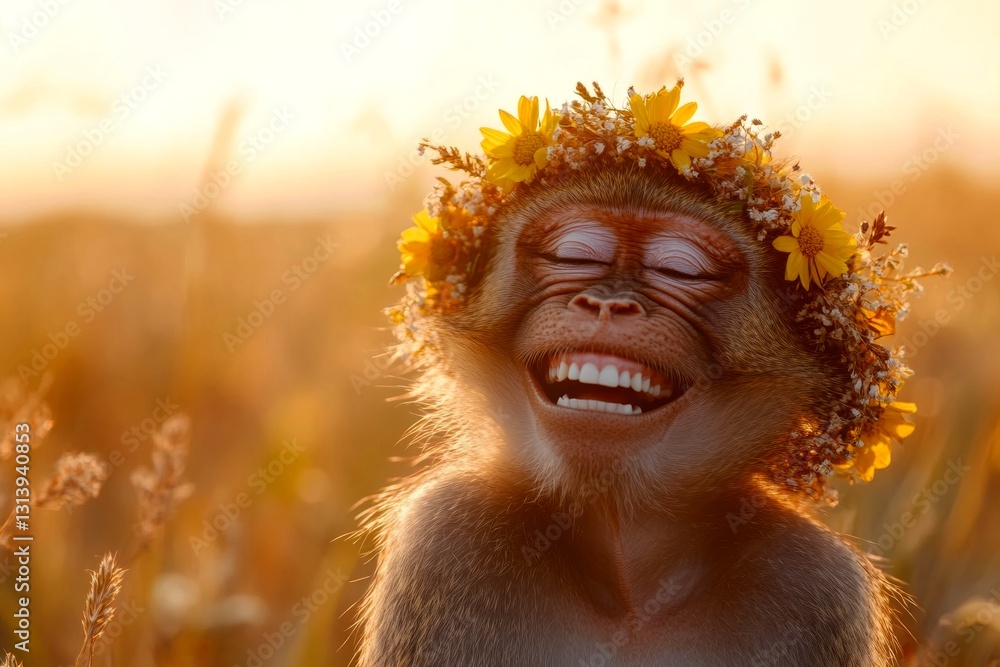 Fototapeta premium Golden hour in sunset. Cute adult animal baboon wearing free flower wreath on its head. Summer happiness. Summer vibes with wildlife. Wild creature and floral serenity. Sun-kissed wild animal.