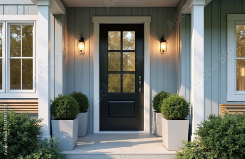 Stylish modern house front door with potted plants. Comfortable home entrance with black door  lights  decorative bushes. Welcoming cozy  inviting exterior design with porch  aesthetic landscaping