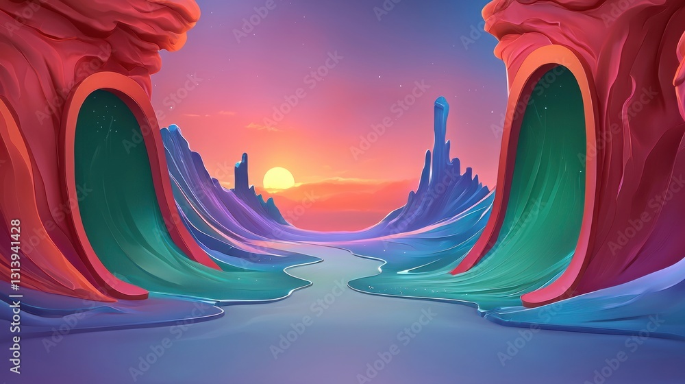 Naklejka premium Fantasy landscape river flows between cliffs at sunset with vibrant gradient colors in surreal setting