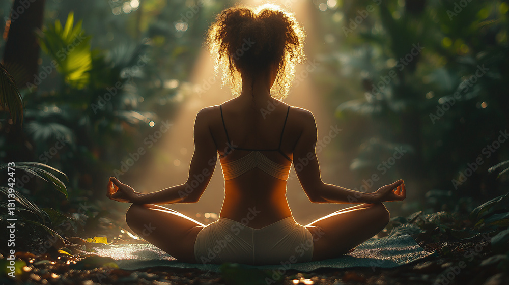 In the tranquil surroundings of a lush forest, a woman sits in a meditative pose, embracing mindfulness. The soft sunlight filters through the leaves, creating a peaceful ambiance In the tranquil surroundings of a lush forest, a woman sits in a meditative pose, embracing mindfulness. The soft sunlight filters through the leaves, creating a peaceful ambiance