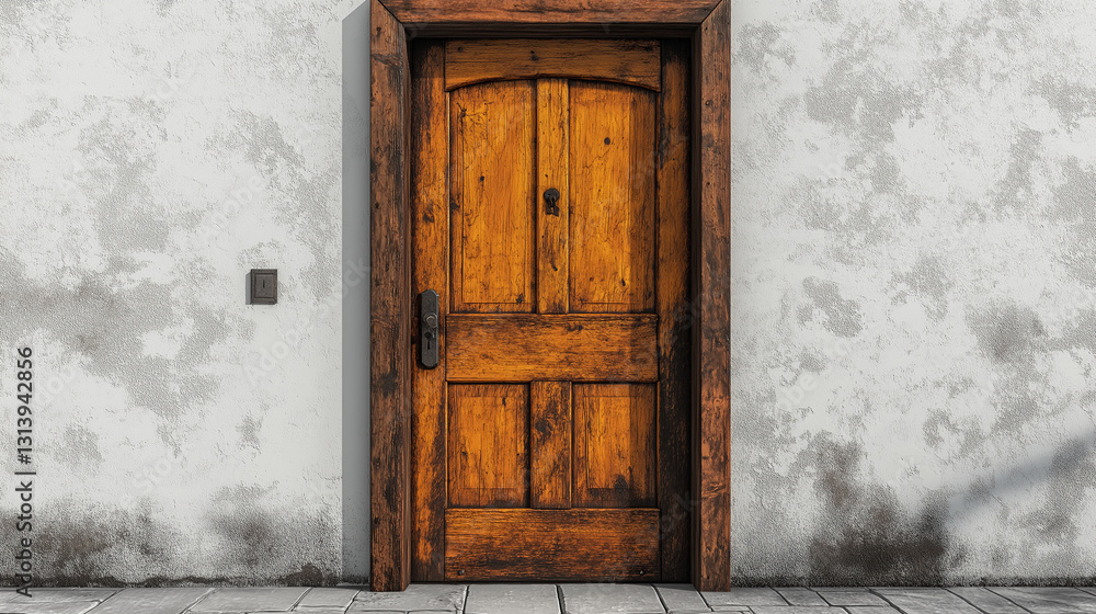 The weathered wooden door stands isolated against a muted textured wall. The rustic design highlights the craftsmanship and age of the door, inviting curiosity The weathered wooden door stands isolated against a muted textured wall. The rustic design highlights the craftsmanship and age of the door, inviting curiosity