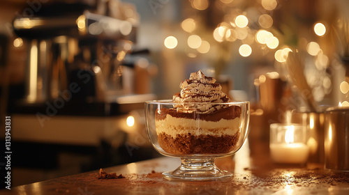 Tiramisu dessert in a cozy Italian café ambiance photo