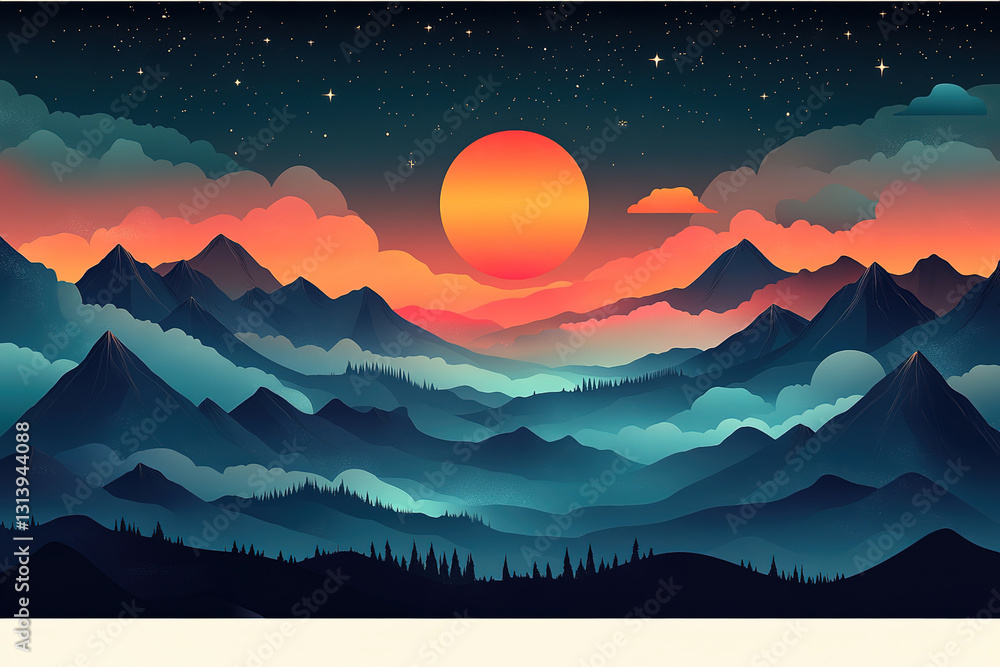 Fototapeta premium Serene Sunset Landscape Dreamy Mountain Range Silhouette with Large Sun and Starry Night Sky