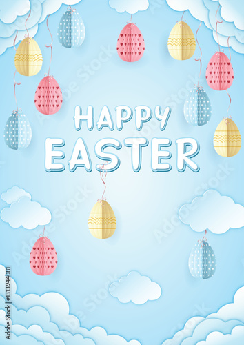 Paper craft Happy Easter A4 card, origami Easter eggs tied with ribbons to the clouds on soft blue background with cut out clouds