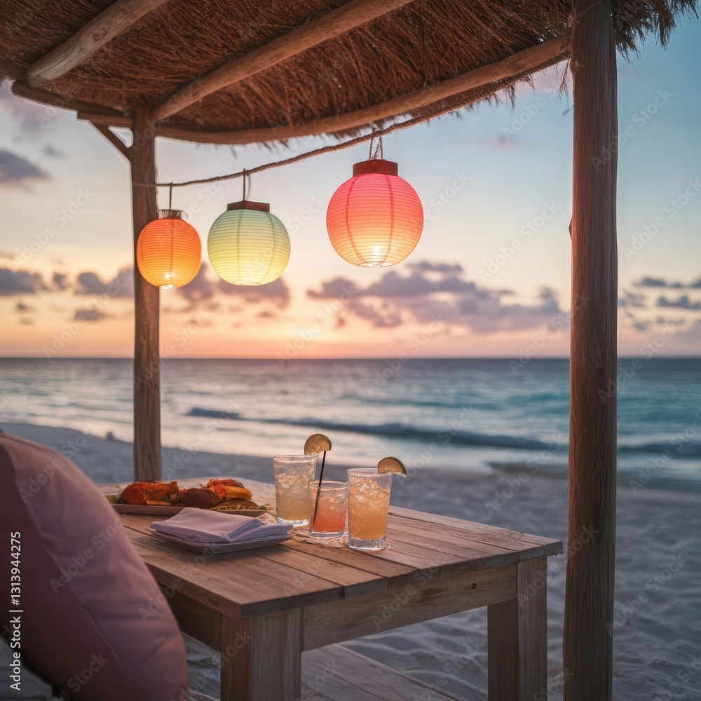 Obraz premium Romantic beach sunset dinner scene.