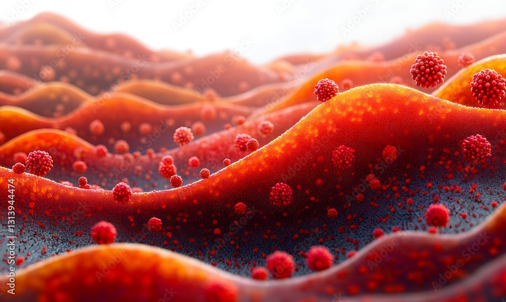Microscopic Red Virus Cells on Wavy Surface Detailed 3D Render Medical Science Background Art Health Microscopic Red Virus Cells on Wavy Surface Detailed 3D Render Medical Science Background Art Health