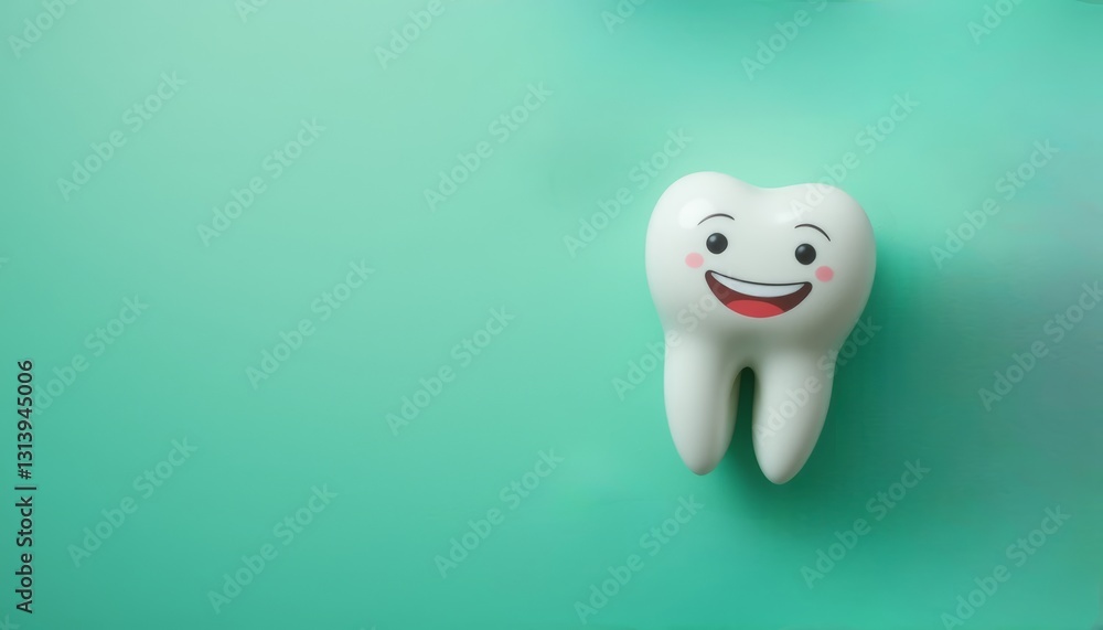 A smiling tooth character against a mint green background, promoting dental health for children, perfect for educational materials and health campaigns focused on oral hygiene. A smiling tooth character against a mint green background, promoting dental health for children, perfect for educational materials and health campaigns focused on oral hygiene.