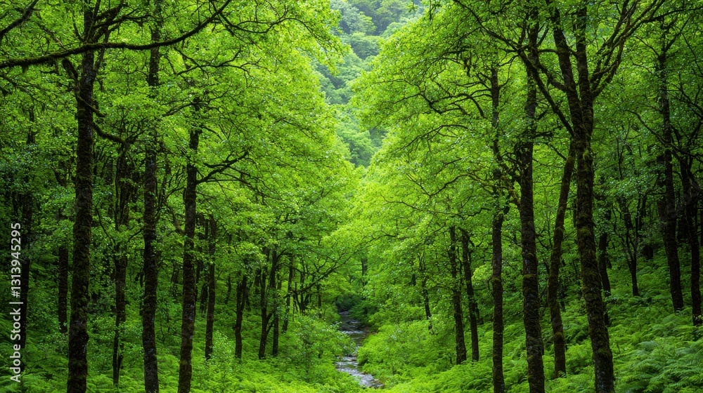 Fototapeta premium A serene forest path lined with lush green trees, inviting exploration and connection with nature.