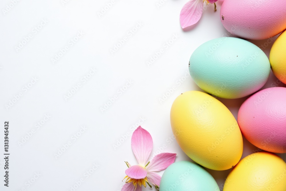 A Colorful Display of Easter Eggs on a White Background with Pink Flower Accents Perfect for Spring Celebrations and Holiday Decor A Colorful Display of Easter Eggs on a White Background with Pink Flower Accents Perfect for Spring Celebrations and Holiday Decor