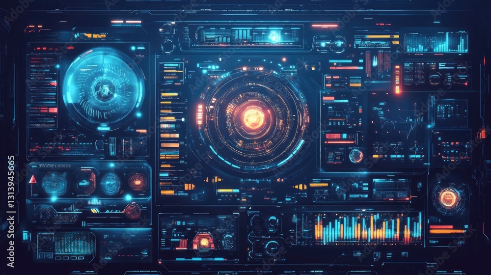 Detailed futuristic computer interface displaying digital technology and information Detailed futuristic computer interface displaying digital technology and information