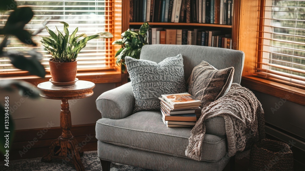 Obraz premium Cozy corner armchair with books and plants