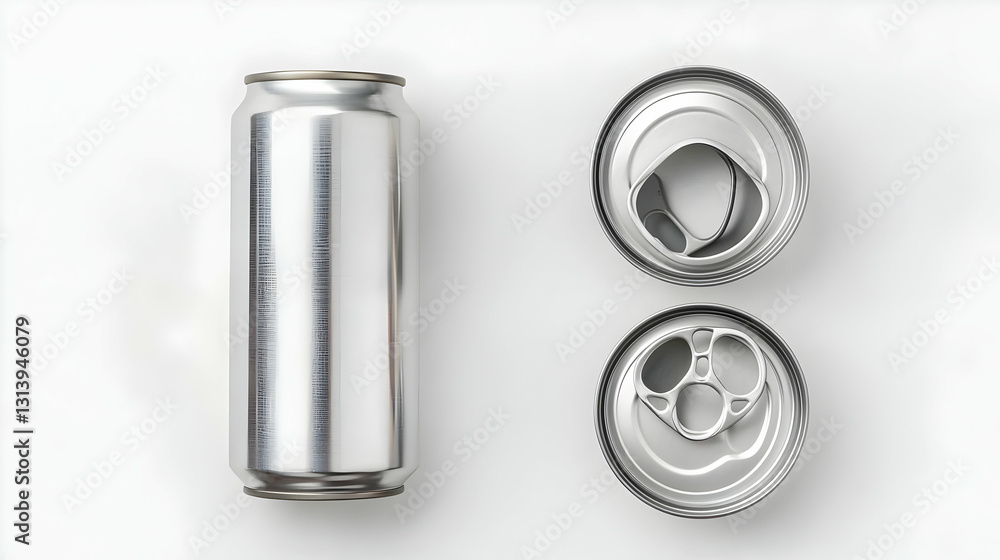 Single Aluminum Can With Top And Bottom Cutouts On White Background With Detailed Texture And Reflections In A Studio Setting Single Aluminum Can With Top And Bottom Cutouts On White Background With Detailed Texture And Reflections In A Studio Setting