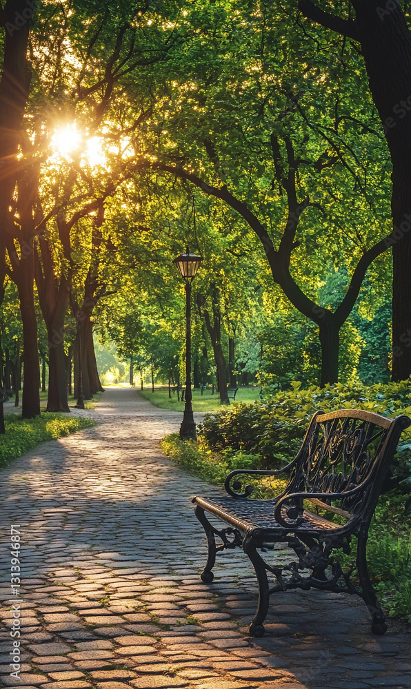 Sunlight streams through the trees in a peaceful park with a bench and stone path Sunlight streams through the trees in a peaceful park with a bench and stone path