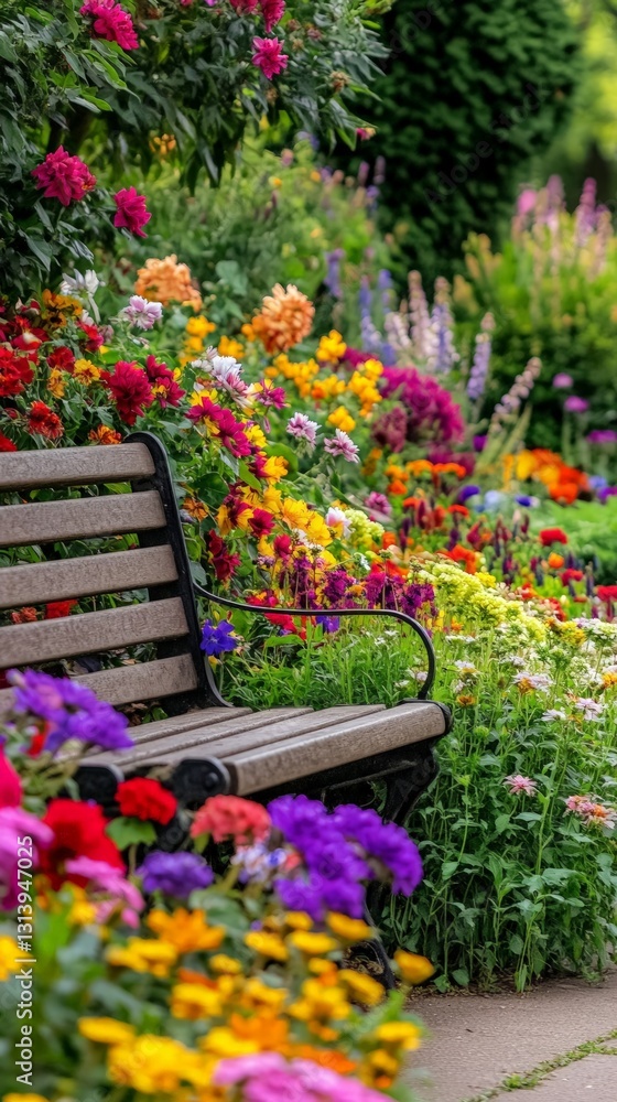 Vibrant Garden Scene with Colorful Flowers and Wooden Bench Vibrant Garden Scene with Colorful Flowers and Wooden Bench