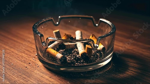 An ashtray with used cigarette butts and smoke curling up