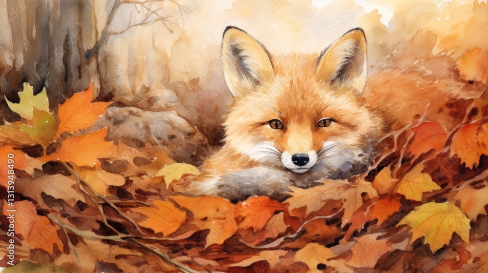 Fototapeta premium Autumnal Scene with a Fox in a Bed of Fallen Leaves