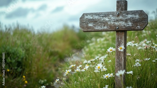 Rustic wooden signpost pointing to nearby villages, wildflowers growing at its base