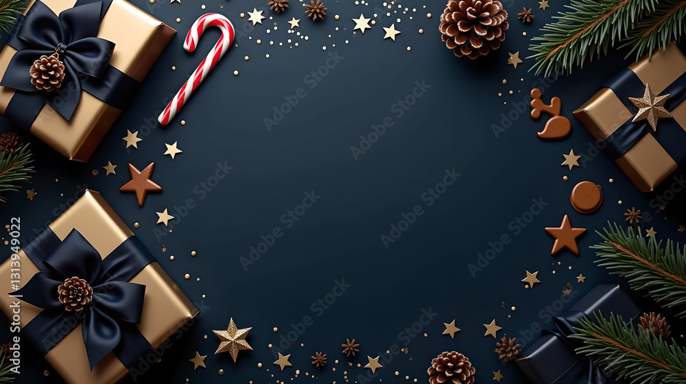 luxurious Christmas composition with midnight and gold wrapped gift boxes, adorned with elegant ribbons, surrounded by festive ornaments luxurious Christmas composition with midnight and gold wrapped gift boxes, adorned with elegant ribbons, surrounded by festive ornaments