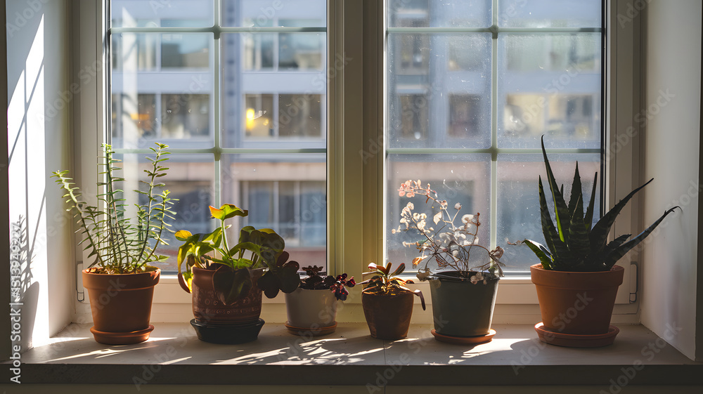 A sunlit window with potted plants on the sill and sunlight streaming in. A sunlit window with potted plants on the sill and sunlight streaming in.