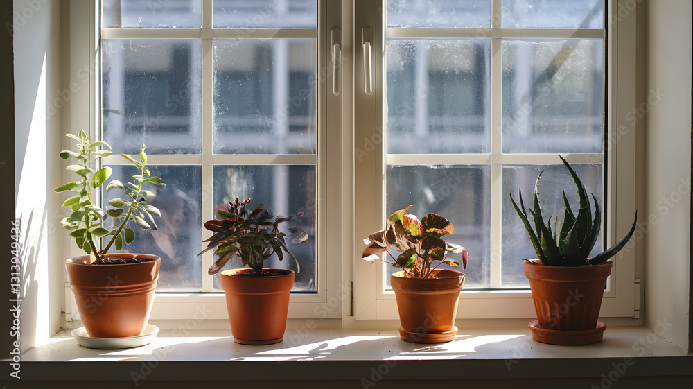 A sunlit window with potted plants on the sill and sunlight streaming in. A sunlit window with potted plants on the sill and sunlight streaming in.