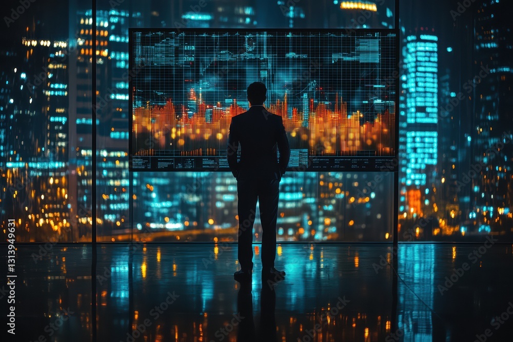 Back view Businessman analyzing stock data on screen with city lights. Financial analysis, investment strategy, trading, futuristic, technology concept. Back view Businessman analyzing stock data on screen with city lights. Financial analysis, investment strategy, trading, futuristic, technology concept.