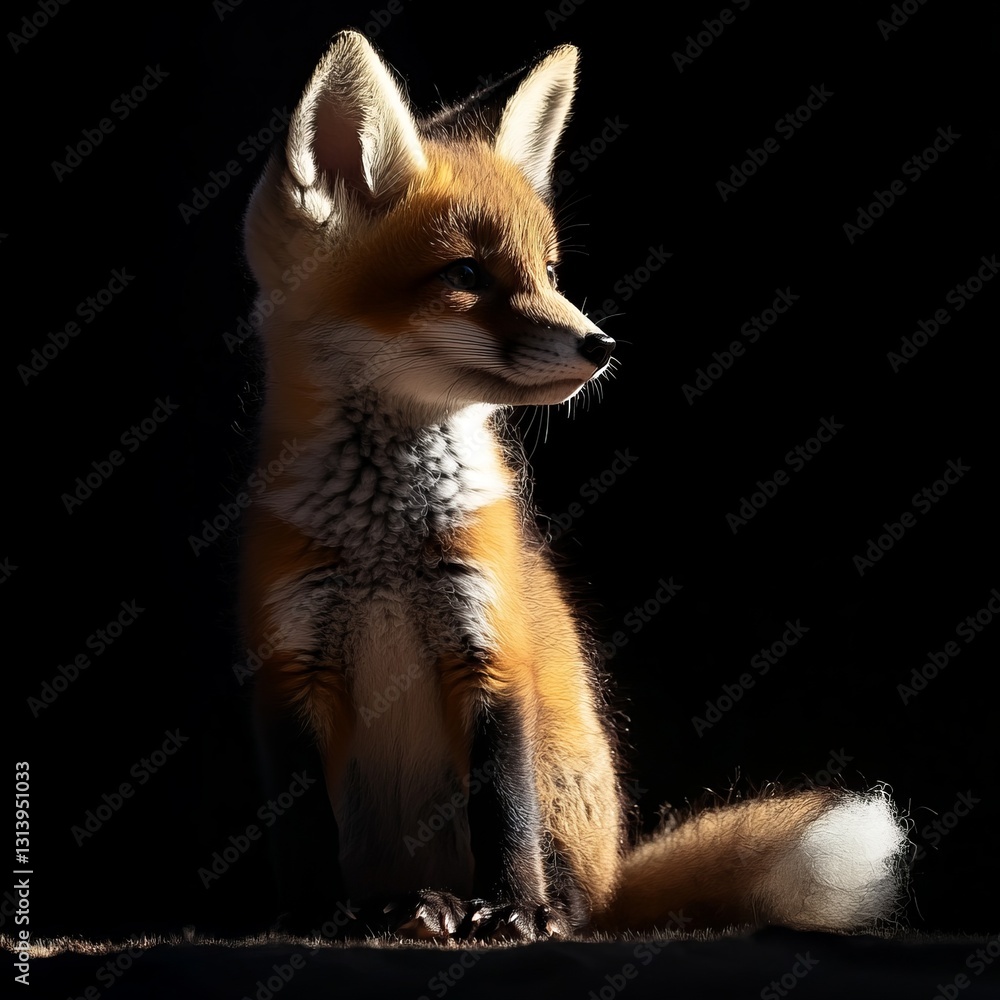 A baby fox is sitting on the ground, looking up at the camera. The image has a warm and playful mood, as the fox appears to be curious and interested in the photographer A baby fox is sitting on the ground, looking up at the camera. The image has a warm and playful mood, as the fox appears to be curious and interested in the photographer