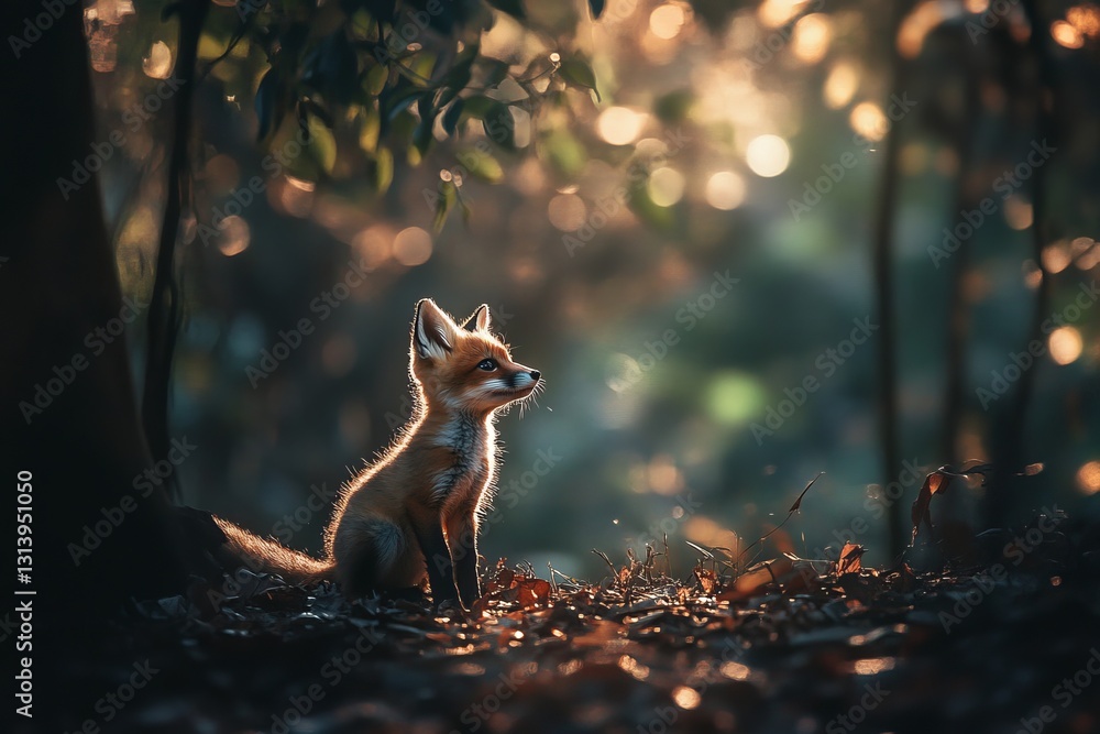 Fototapeta premium A small fox is sitting in the woods, looking up at the camera. The image has a peaceful and serene mood, as the fox is surrounded by nature and he is enjoying its surroundings